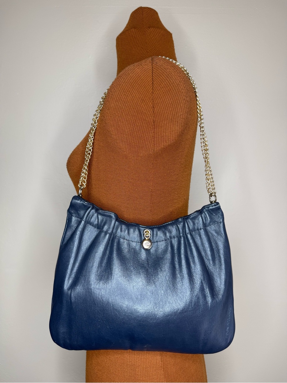 Ande Vintage Classic Navy Leather Shoulder Bag with Gold Chain